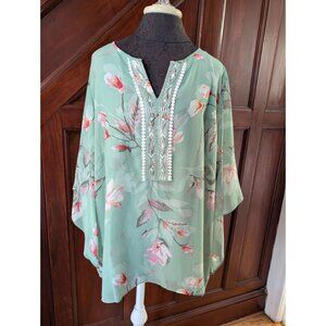 Belle Kim Gravel Green Floral Beaded Tunic Top Embroidered VNeck Bell Sleeves 2x